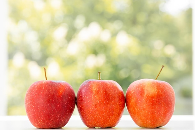 Ripe red apple fruits with apple slice isolated on nature green background