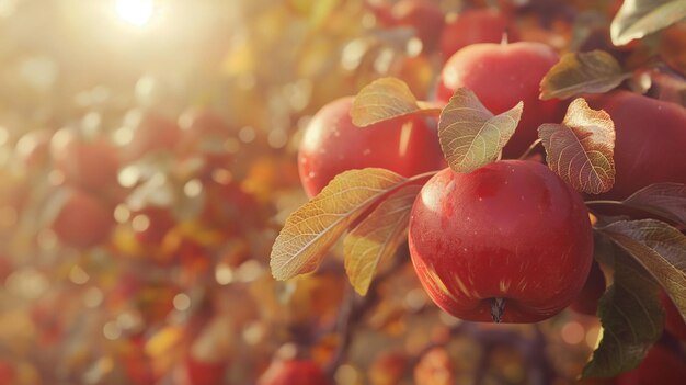 Ripe red apples on apple trees in the garden ready to be harvested With copyspace for text