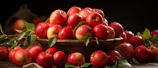 Ripe red apples in a bowl on a rustic wooden table