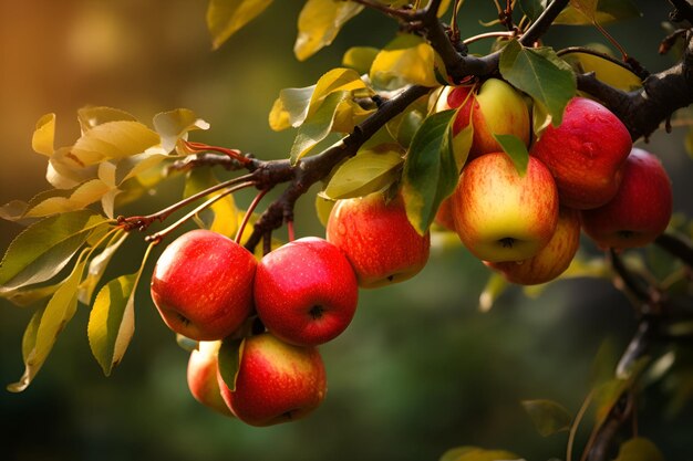익은 은 사과가 나무 가지에 매달려 있습니다. AI가 생성한 해가 지는 빛입니다.