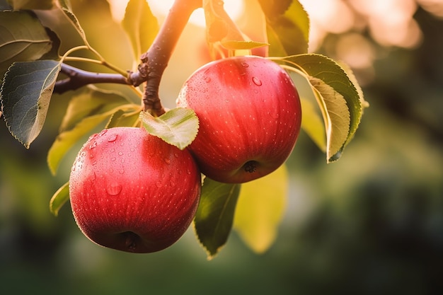 Ripe red apples hanging on a branch