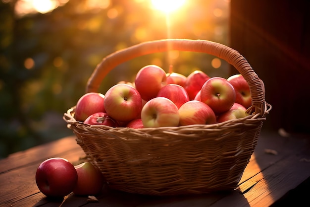 Ripe red apples in a wicker basket in the garden