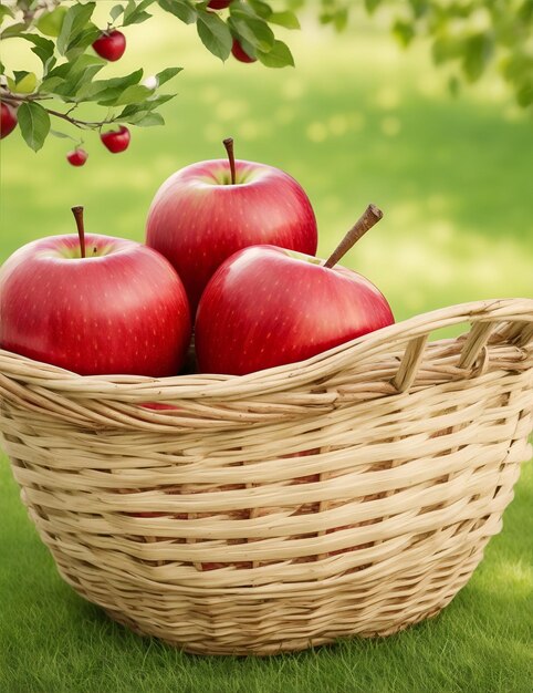 Ripe red apples in a wicker basket on the green grass by aigenerated