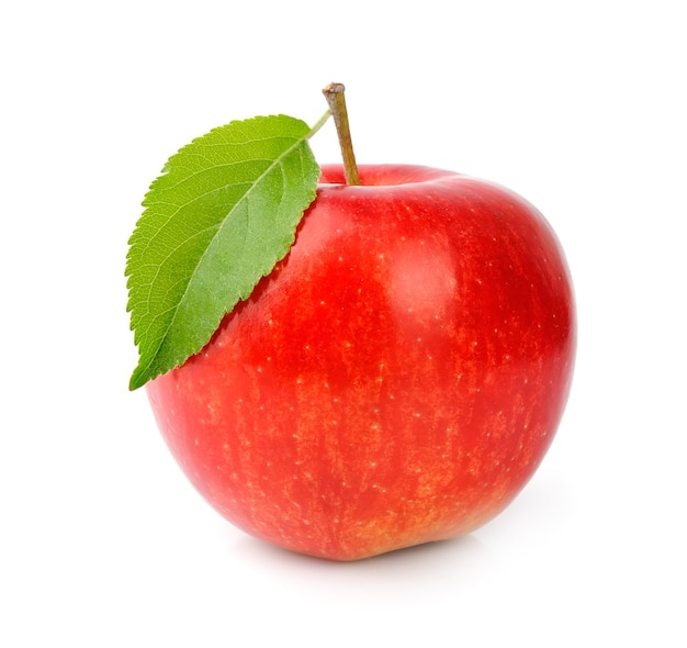 Ripe red apples with leaves isolated on white