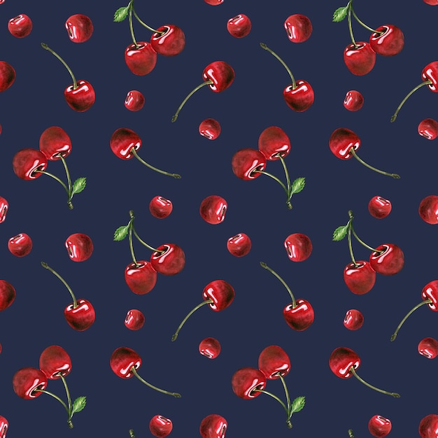 Ripe red cherries on a dark blue background Watercolor illustration Seamless pattern from BEACH BAR collection For decoration and design of fabrics textiles wallpapers packaging menus