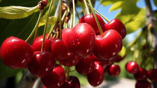 Ripe red cherries hanging on a branch with green leaves against a blurred background