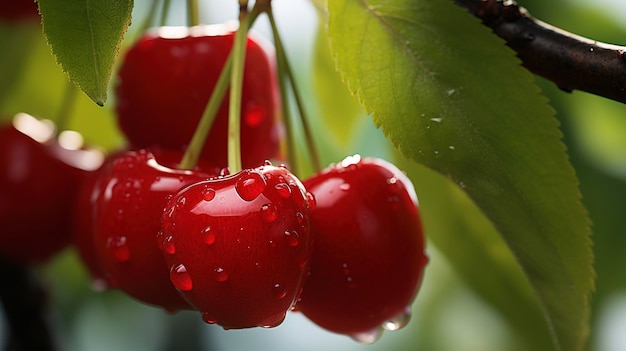 Ripe red cherries hanging on a branch with green leaves against a blurred background