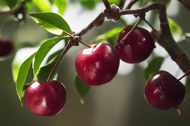 Ripe red cherries hanging from a tree in the garden generative ai