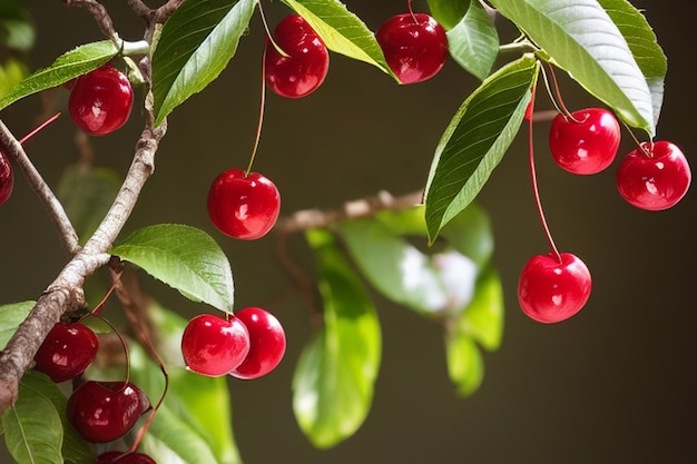 Ripe red cherries hanging from a tree in the garden generative ai