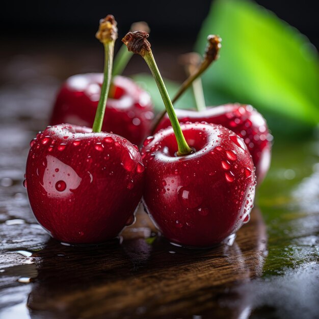 Ripe red cherries with water drops on a dark wooden background