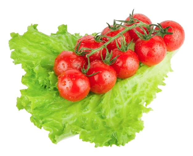 Ripe red cherry tomatoes bunch on green lettuce leaf isolated