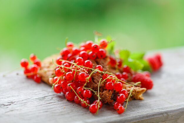 Ripe red currant on the wooden surface