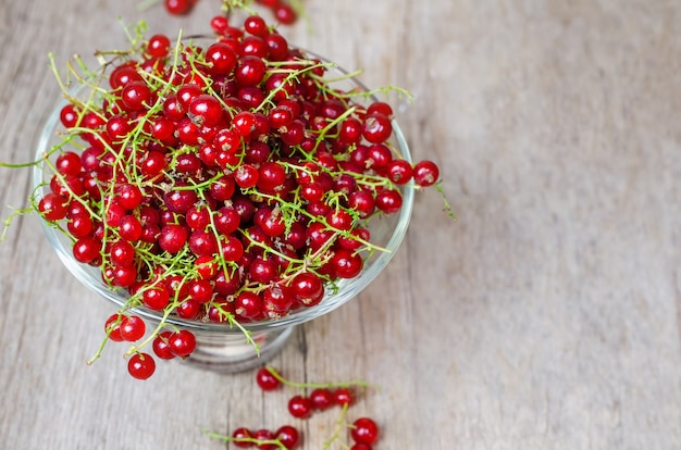 Ripe red currant on wooden table