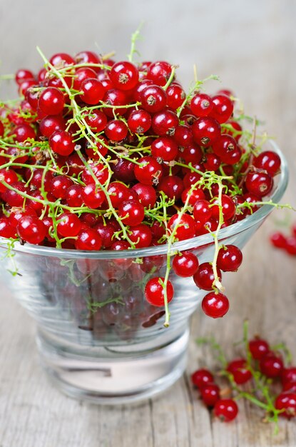 Ripe red currant on wooden table