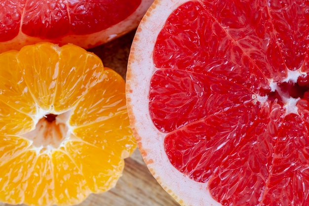 Ripe red grapefruit sliced and sliced into pieces