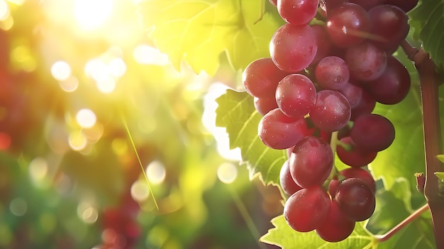 Ripe red grapes hanging on vine in sunlight Natural background winemaking concept Fresh agricultural product AI