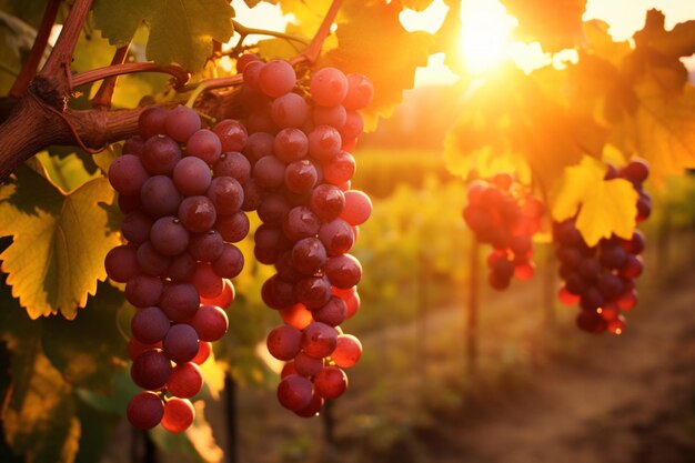 Ripe red grapes in vineyard at sunset closeup view