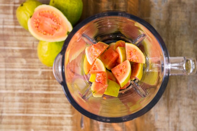 Ripe Red guava in a blender top view.