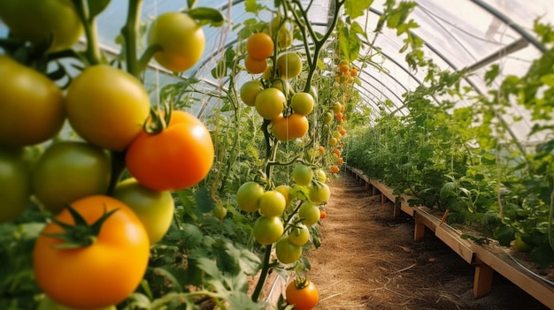 Ripe red organic tomato in greenhouse Beautiful heirloom tomatoes