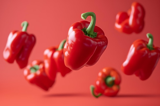 Ripe red peppers floating in the air Generative AI