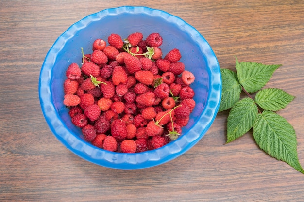 Ripe red raspberry background with green leaves