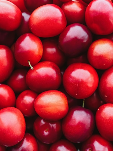 Ripe red shiny cherry plum close up vertical food background