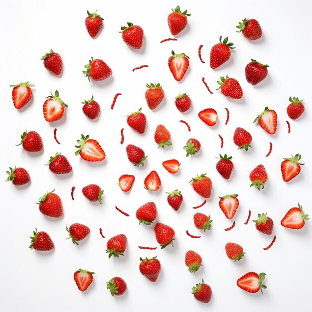 Ripe red strawberries arranged on a white background
