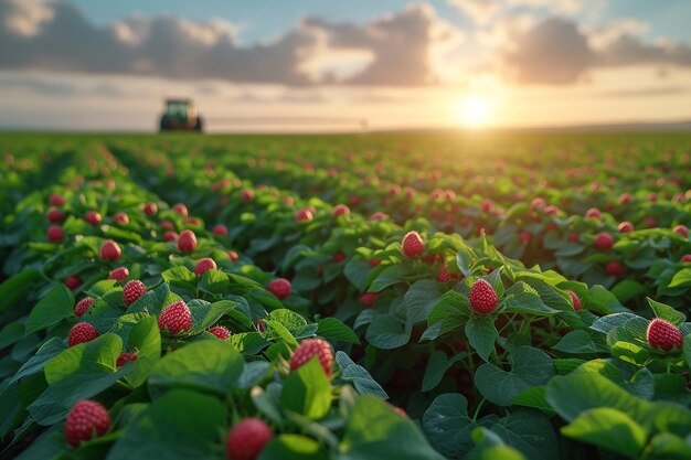 Ripe red strawberries on the field at sunset Agricultural landscape