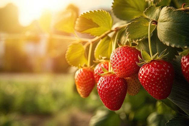 Ripe red strawberries growing on a branch in the field at sunset A branch with natural strawberries on a blurred background of a strawberry field at golden hour AI Generated