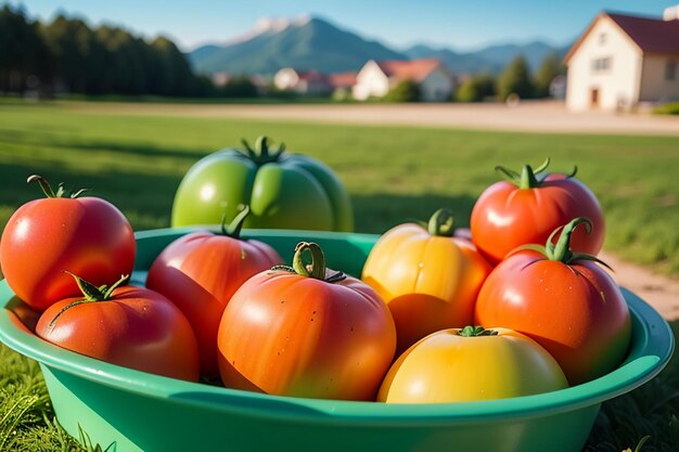 Foto i pomodori rossi maturi sono una verdura deliziosa che le persone amano mangiare. frutta, prodotti agricoli ecologici, verdi e sicuri.