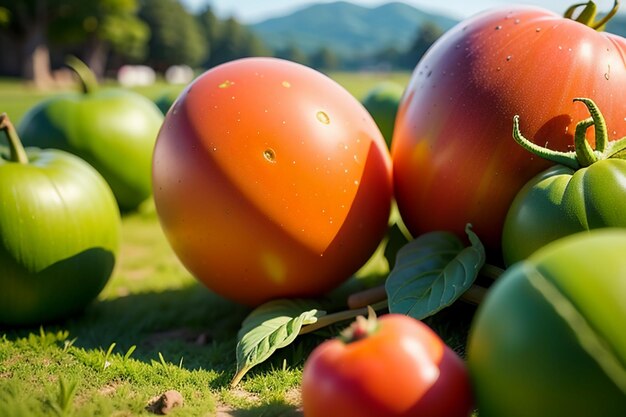 잘 익은 빨간 토마토는 사람들이 맛있는 야채 과일 유기농 녹색 안전한 농산물을 먹는 것을 좋아합니다