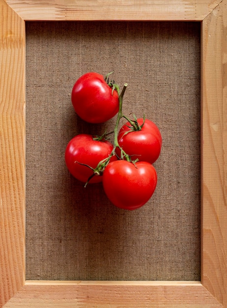 Ripe red tomatoes on a branch on canvas in a wooden frame