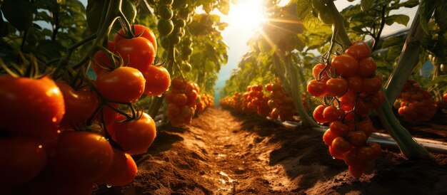 Ripe red tomatoes on a branch in the garden Selective focus