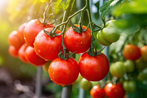 Ripe red tomatoes on a branch in a greenhouse selective focus ripe red tomatoes growing on a branch in a greenhouse close up ai generated