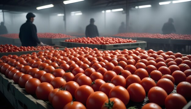 Photo ripe red tomatoes on display at a workers may oversee the sorting process