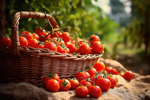 녹색 잔디 배경의 고리버들 바구니에 익은 빨간 토마토 농장에 익은 토마토의 새로운 작물이 있는 바구니 AI 생성
