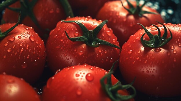 Ripe red tomatoes with drops of water on a dark backgroundgenerative ai