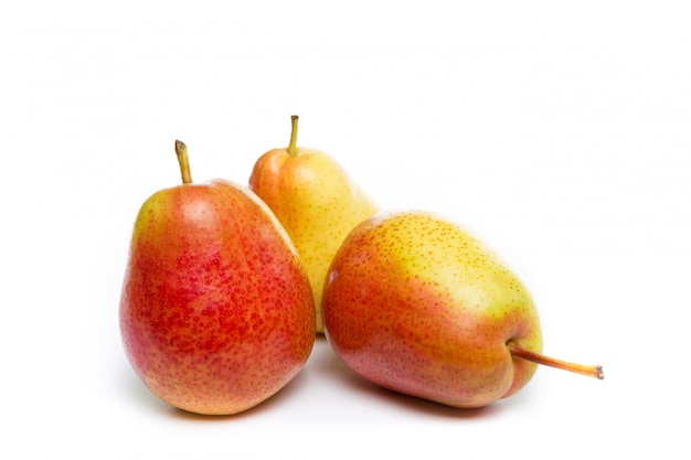 Ripe red yellow pear fruits isolated on white background