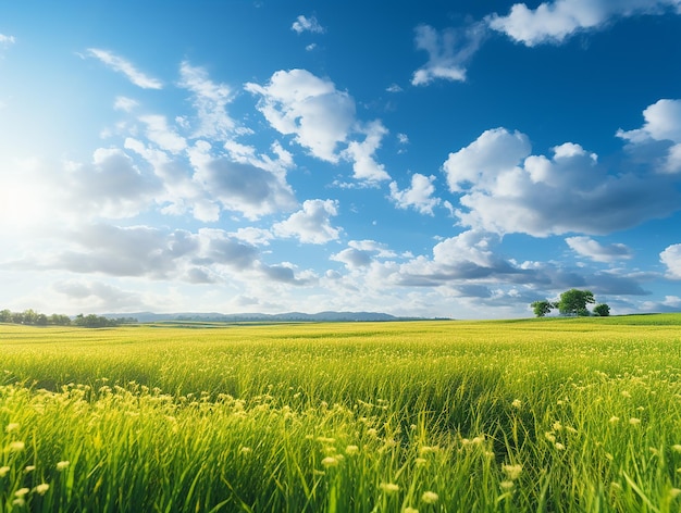 Ripe Rice Paddy YellowGreen Field Under Blue Sky and White Clouds