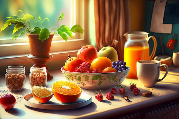 Спелые спелые фрукты на кухне для здорового и вкусного завтрака