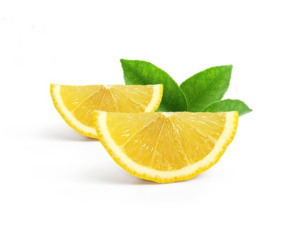 Ripe slice of yellow lemon citrus fruit isolated on white background with clipping path