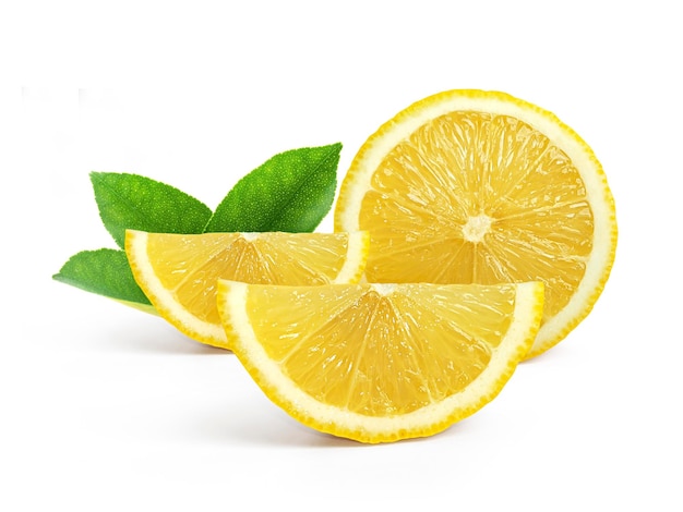 Ripe slice of yellow lemon citrus fruit isolated on white background with clipping path