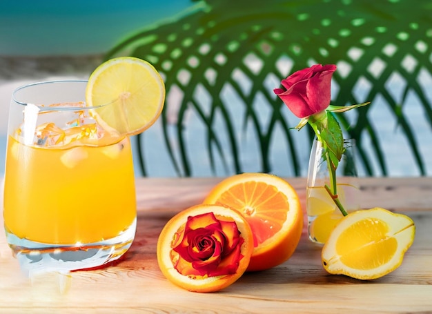 Ripe sliced orange and glass of juice drink