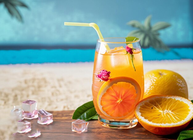 Ripe sliced orange and glass of juice drink