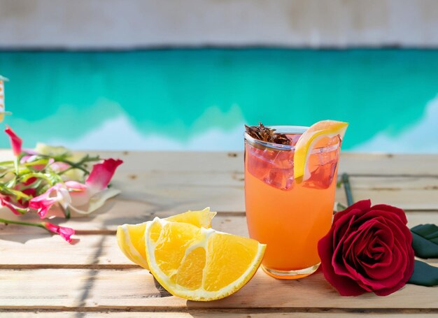 Ripe sliced orange and glass of juice drink