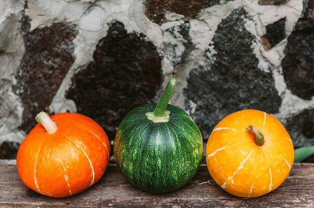 Ripe small farmer ecologically clean pumpkins of different varieties