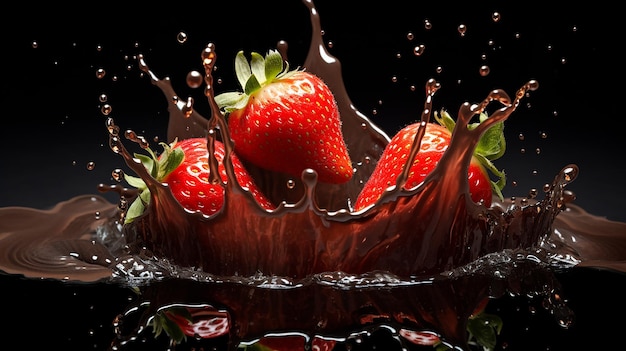 ripe strawberries fall in into hot chocolate Splash chocolate with splashes on black background