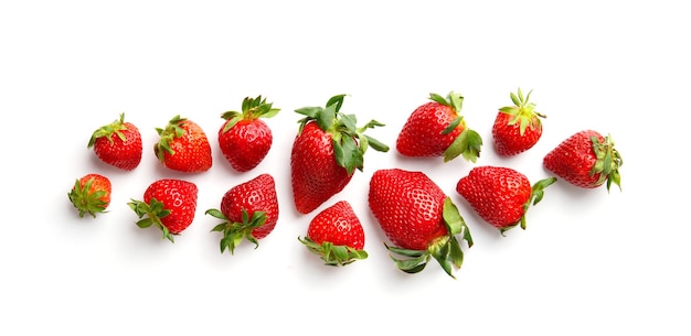 Ripe strawberries isolated on white background top view