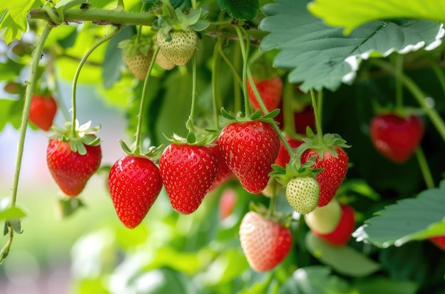 Photo ripe strawberries ready for harvest in sunlight