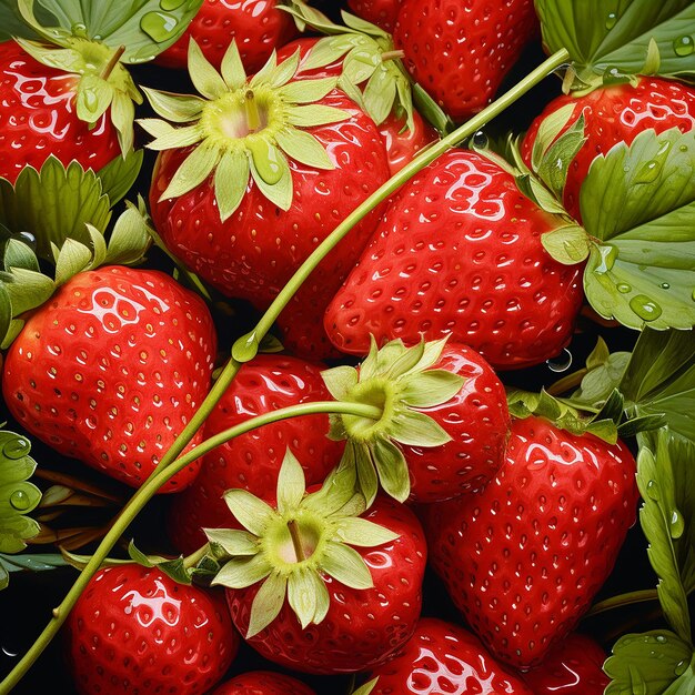 Ripe strawberries topped with leaves